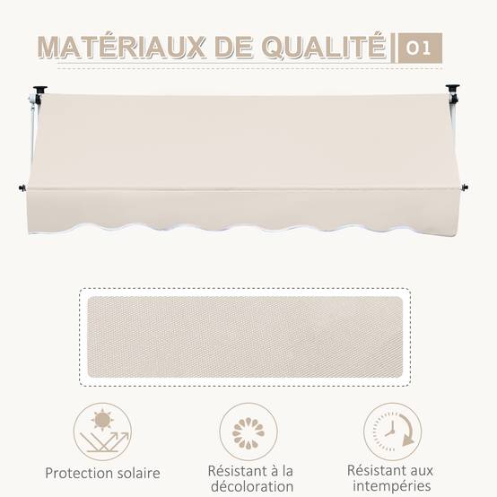 Store Banne Manuel Rétractable 4 x 1,2 m, Sans Perçage, Hauteur et Inclinaison Réglables, Aluminium et Polyester Anti-UV, Kaki - Image 6