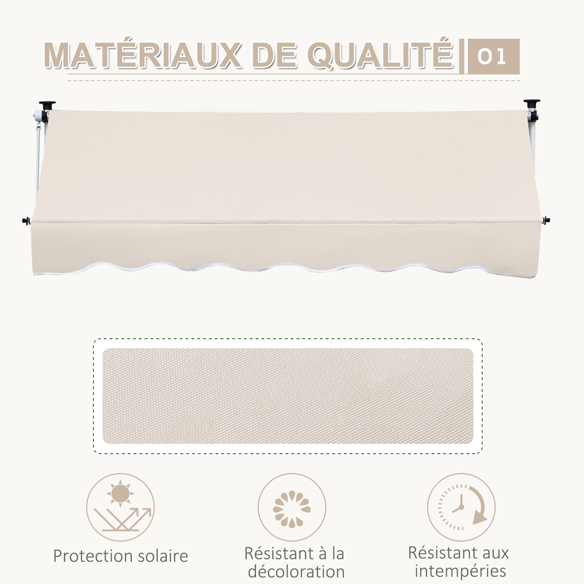 Store Banne Manuel Rétractable 4 x 1,2 m, Sans Perçage, Hauteur et Inclinaison Réglables, Aluminium et Polyester Anti-UV, Kaki - Image 6