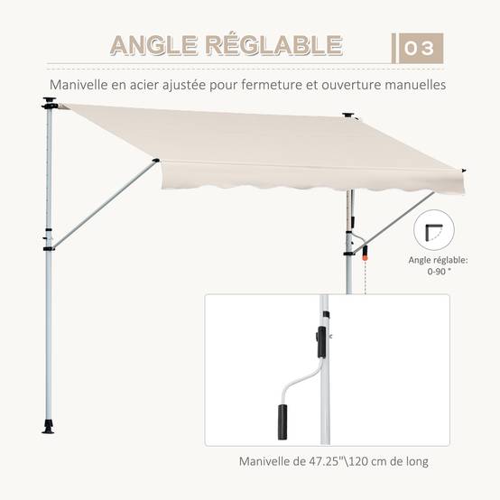 Store Banne Manuel Rétractable 4 x 1,2 m, Sans Perçage, Hauteur et Inclinaison Réglables, Aluminium et Polyester Anti-UV, Kaki - Image 8