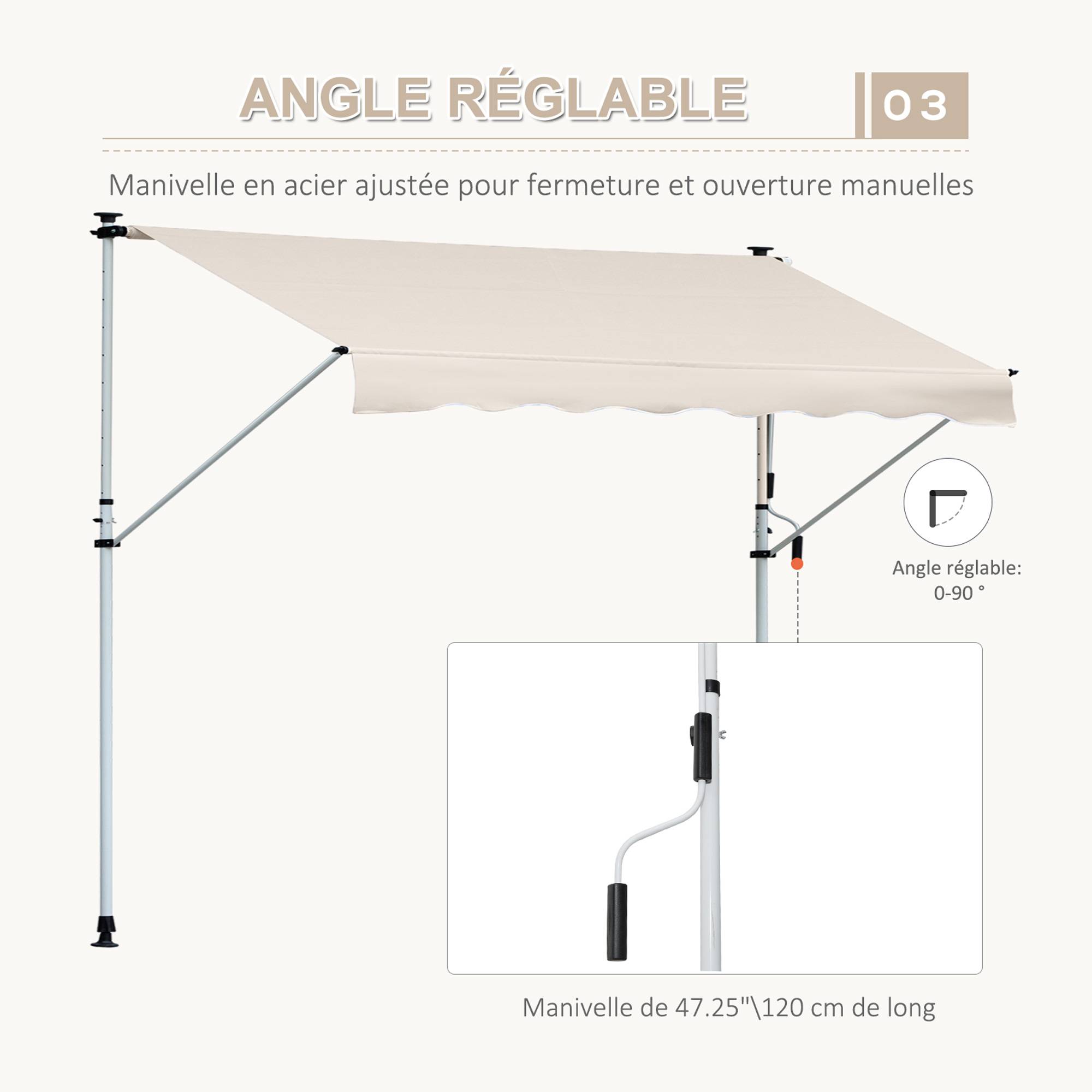 Store Banne Manuel Rétractable 4 x 1,2 m, Sans Perçage, Hauteur et Inclinaison Réglables, Aluminium et Polyester Anti-UV, Kaki - Image 8