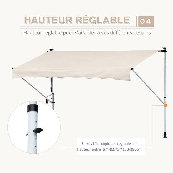 Store Banne Manuel Rétractable 4 x 1,2 m, Sans Perçage, Hauteur et Inclinaison Réglables, Aluminium et Polyester Anti-UV, Kaki - Image 9