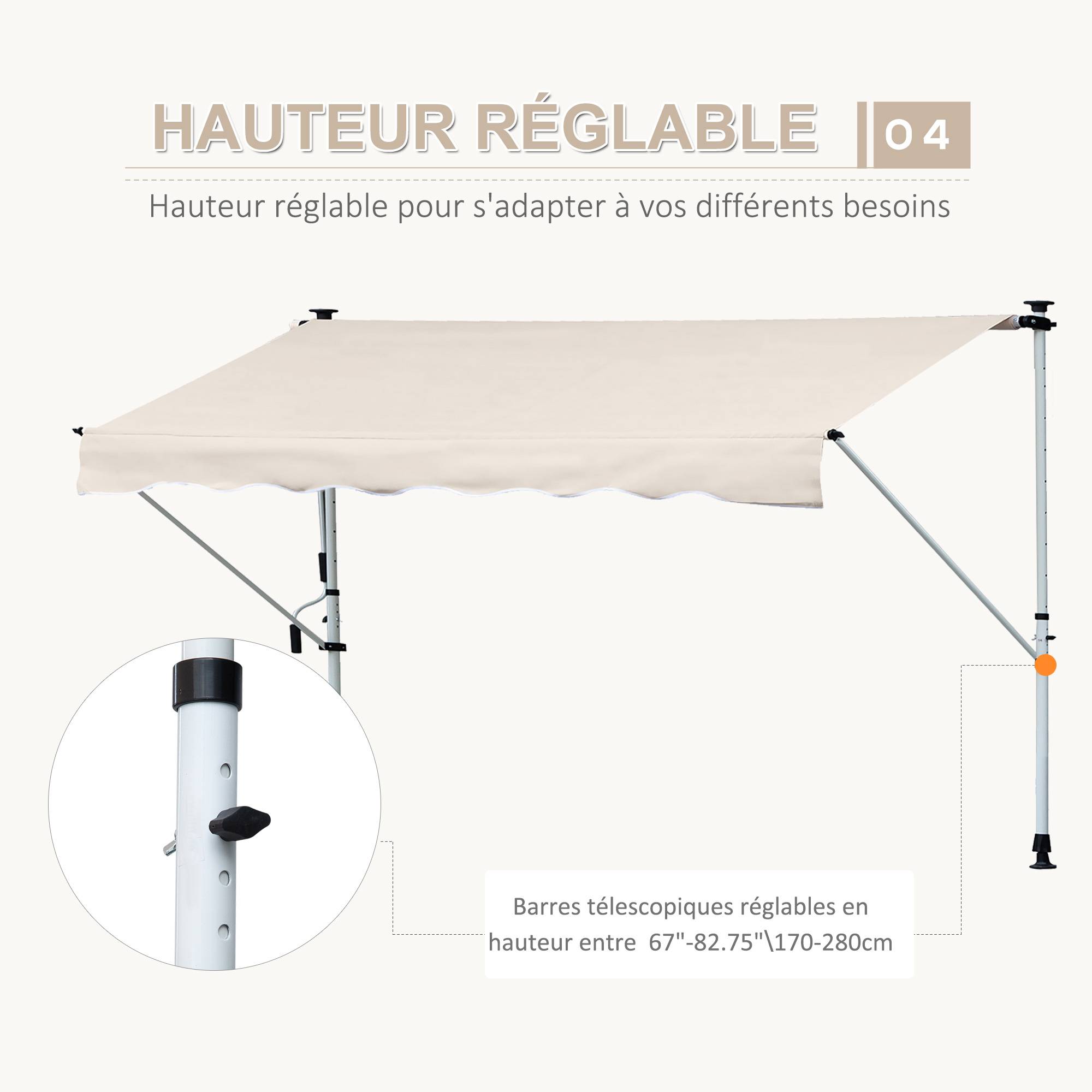 Store Banne Manuel Rétractable 4 x 1,2 m, Sans Perçage, Hauteur et Inclinaison Réglables, Aluminium et Polyester Anti-UV, Kaki - Image 9
