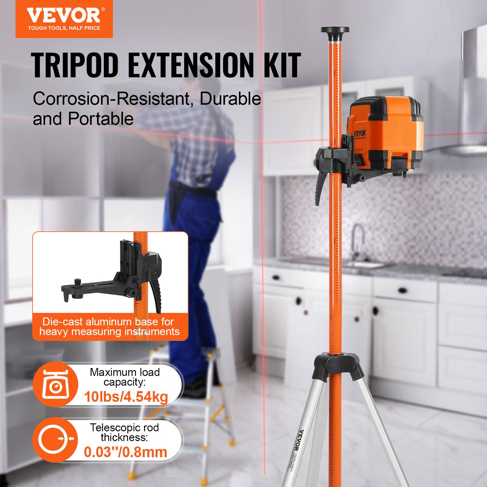 Vevor - VEVOR Trépied niveau laser, montage 1/4"-20 et 5/8"-11, hauteur 104-340cm, niveau à bulle, alu léger. - Image 2