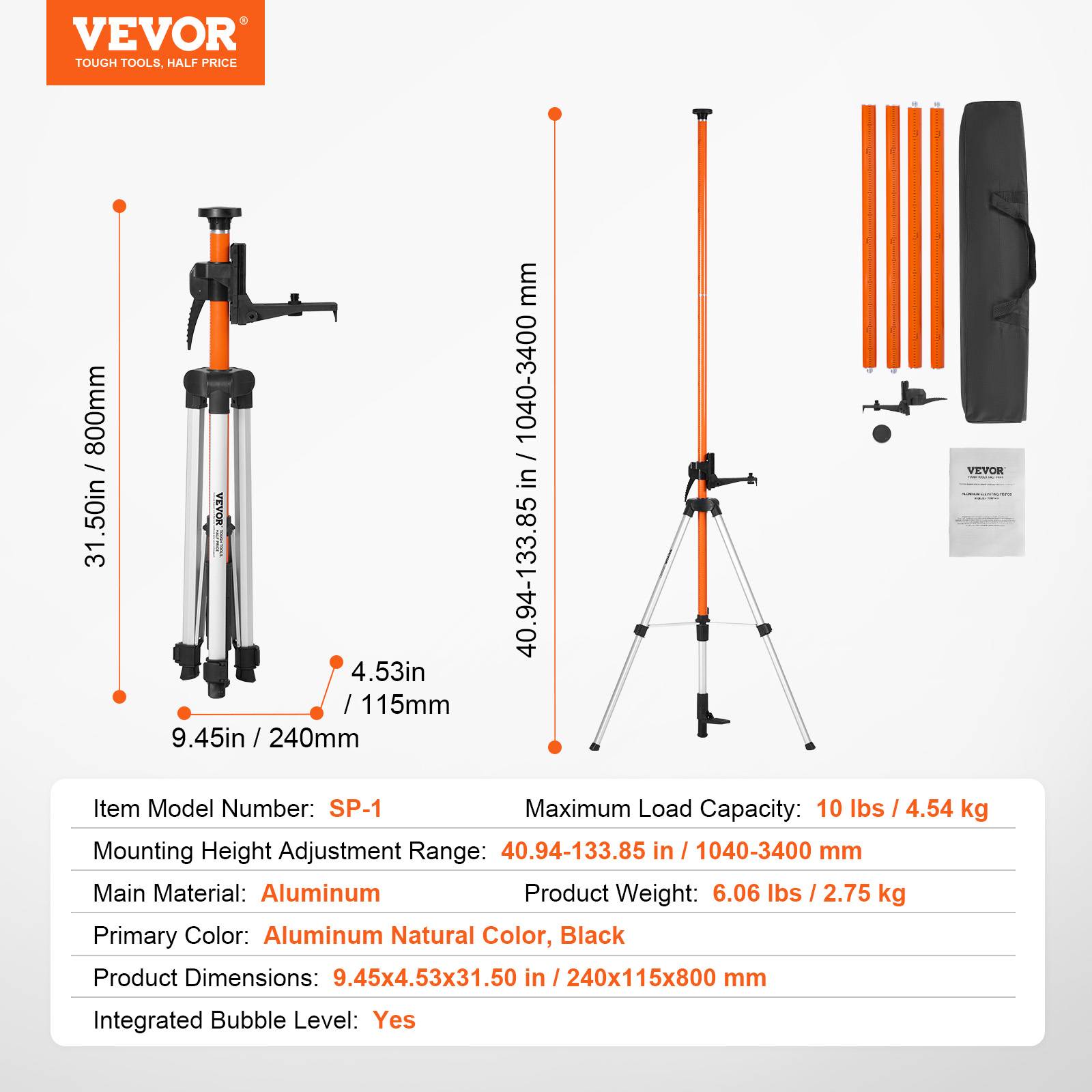 Vevor - VEVOR Trépied niveau laser, montage 1/4"-20 et 5/8"-11, hauteur 104-340cm, niveau à bulle, alu léger. - Image 7