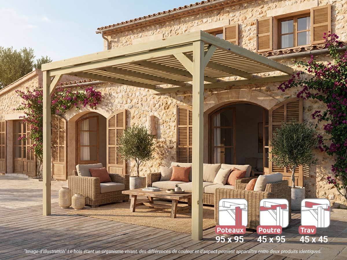 Pergola adossée en bois Montpellier 300 x 300 cm + 2 supports surélevés - Maderland - Image 1