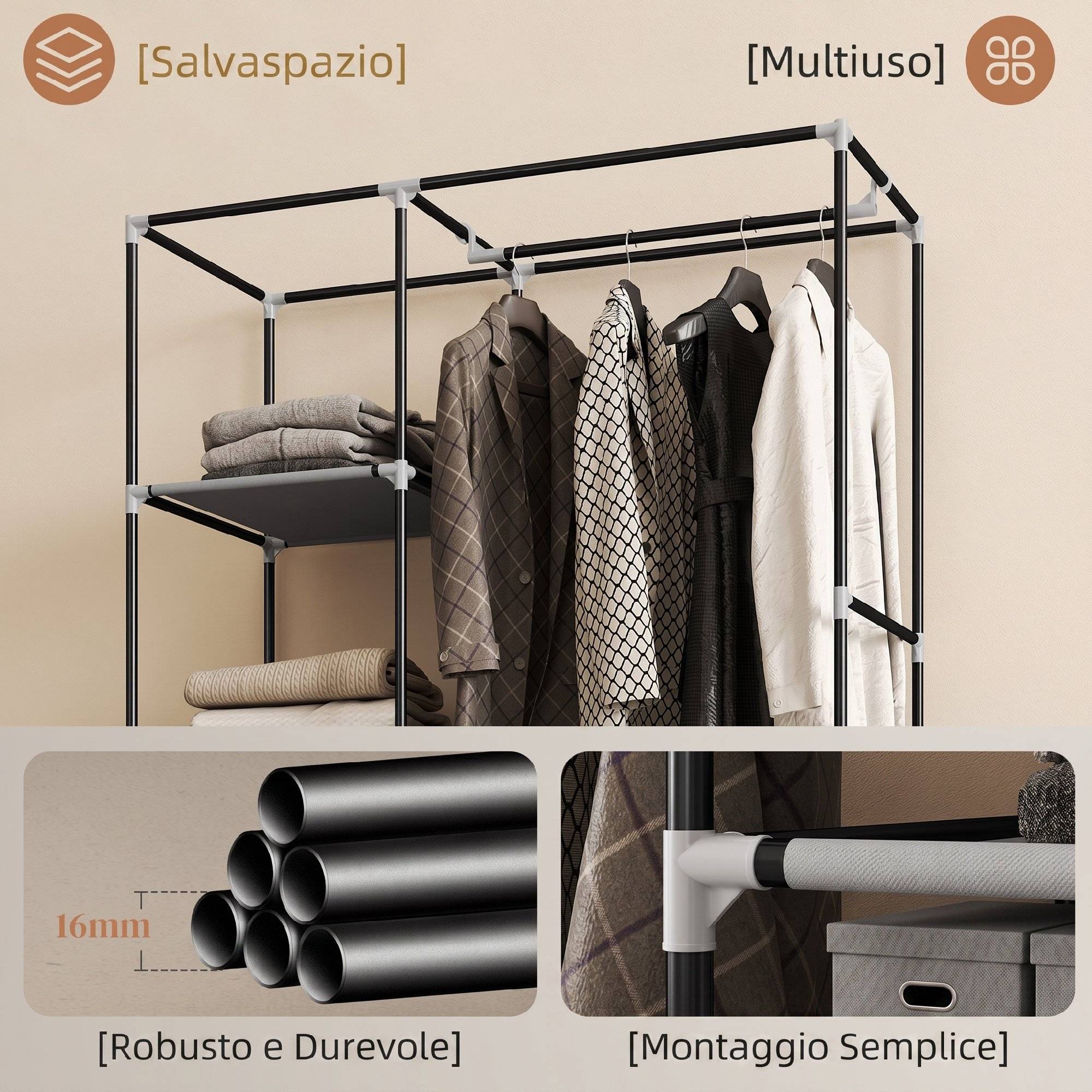 Sans Marque - Armoire portable en tissu non tissé et acier avec roulettes, 6 étagères ouvertes, penderie, gris clair - Image 8