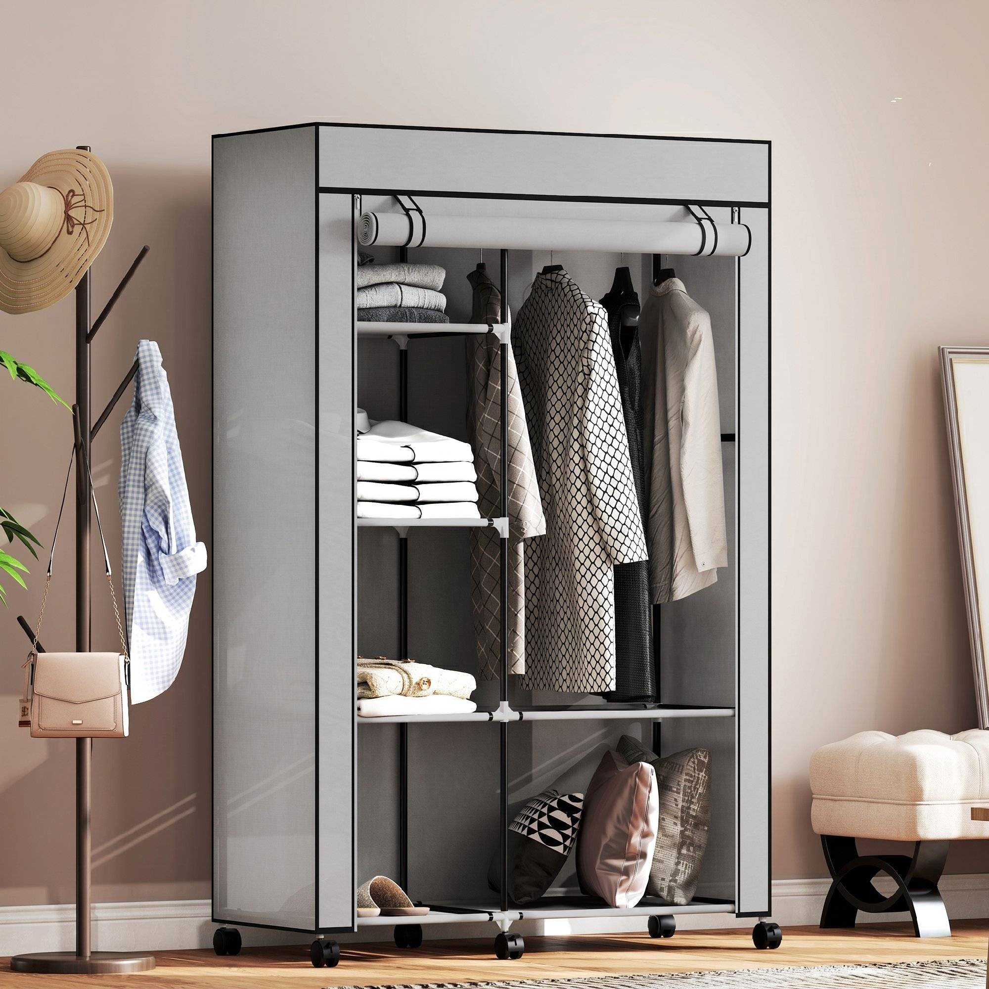 Sans Marque - Armoire portable en tissu non tissé et acier avec roulettes, 6 étagères ouvertes, penderie, gris clair - Image 9