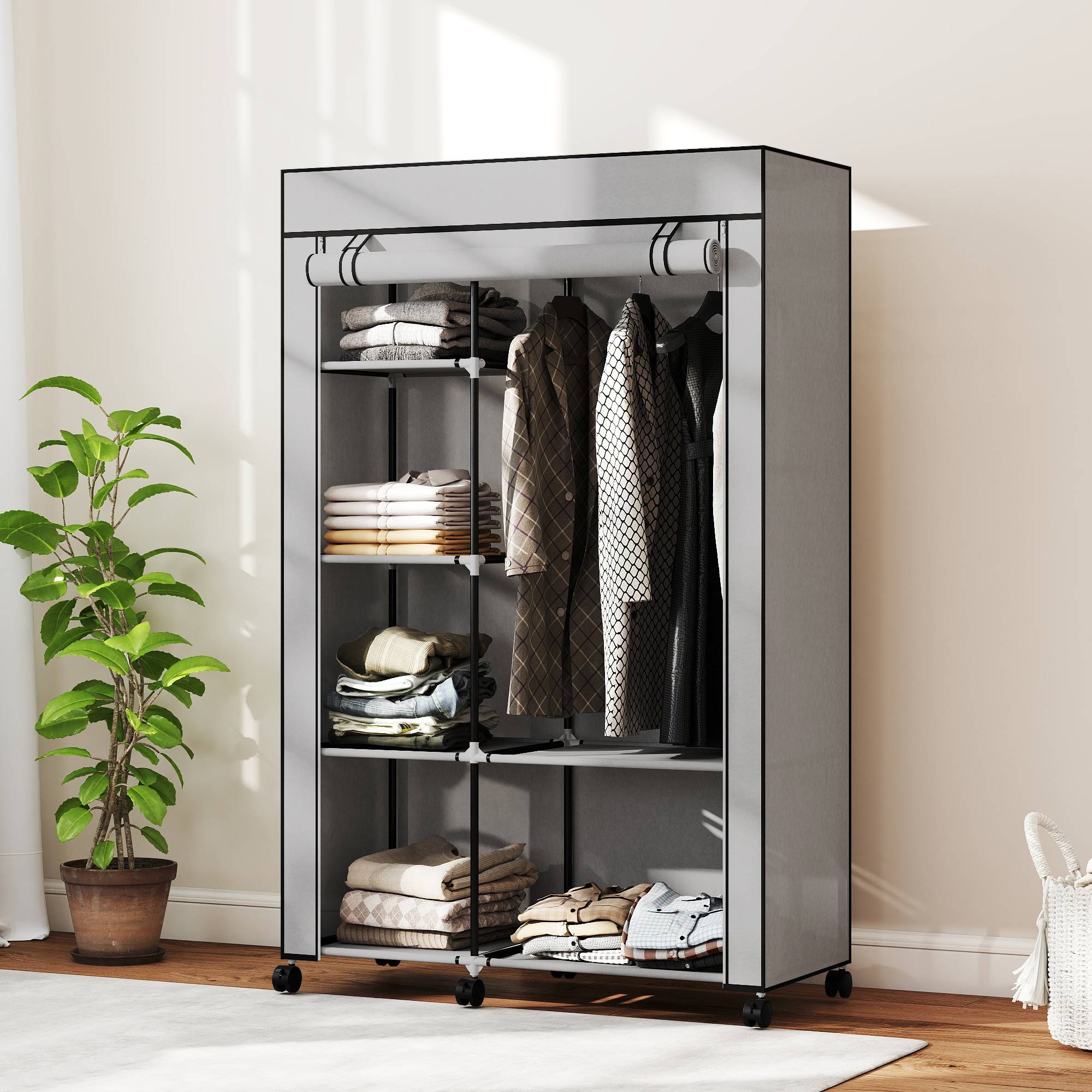 Sans Marque - Armoire portable en tissu non tissé et acier avec roulettes, 6 étagères ouvertes, penderie, gris clair - Image 4