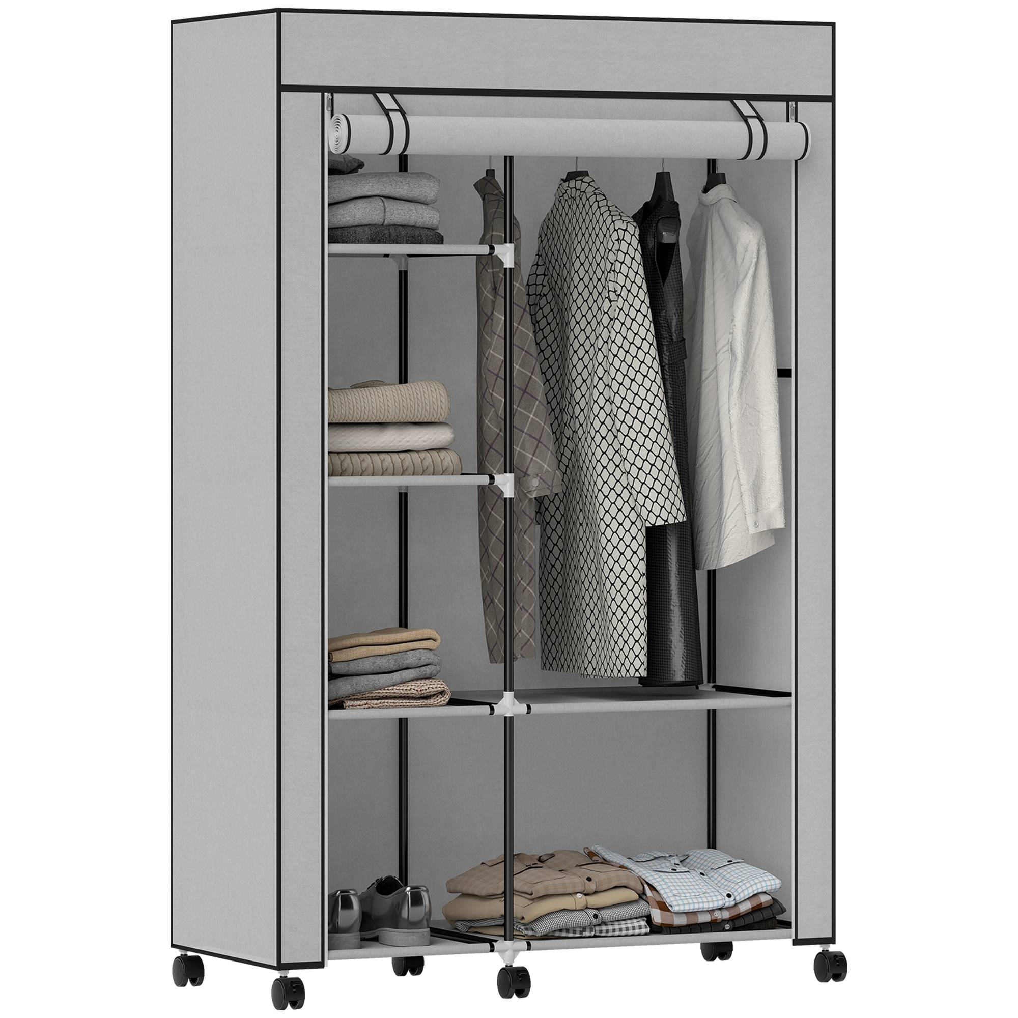 Sans Marque - Armoire portable en tissu non tissé et acier avec roulettes, 6 étagères ouvertes, penderie, gris clair - Image 1