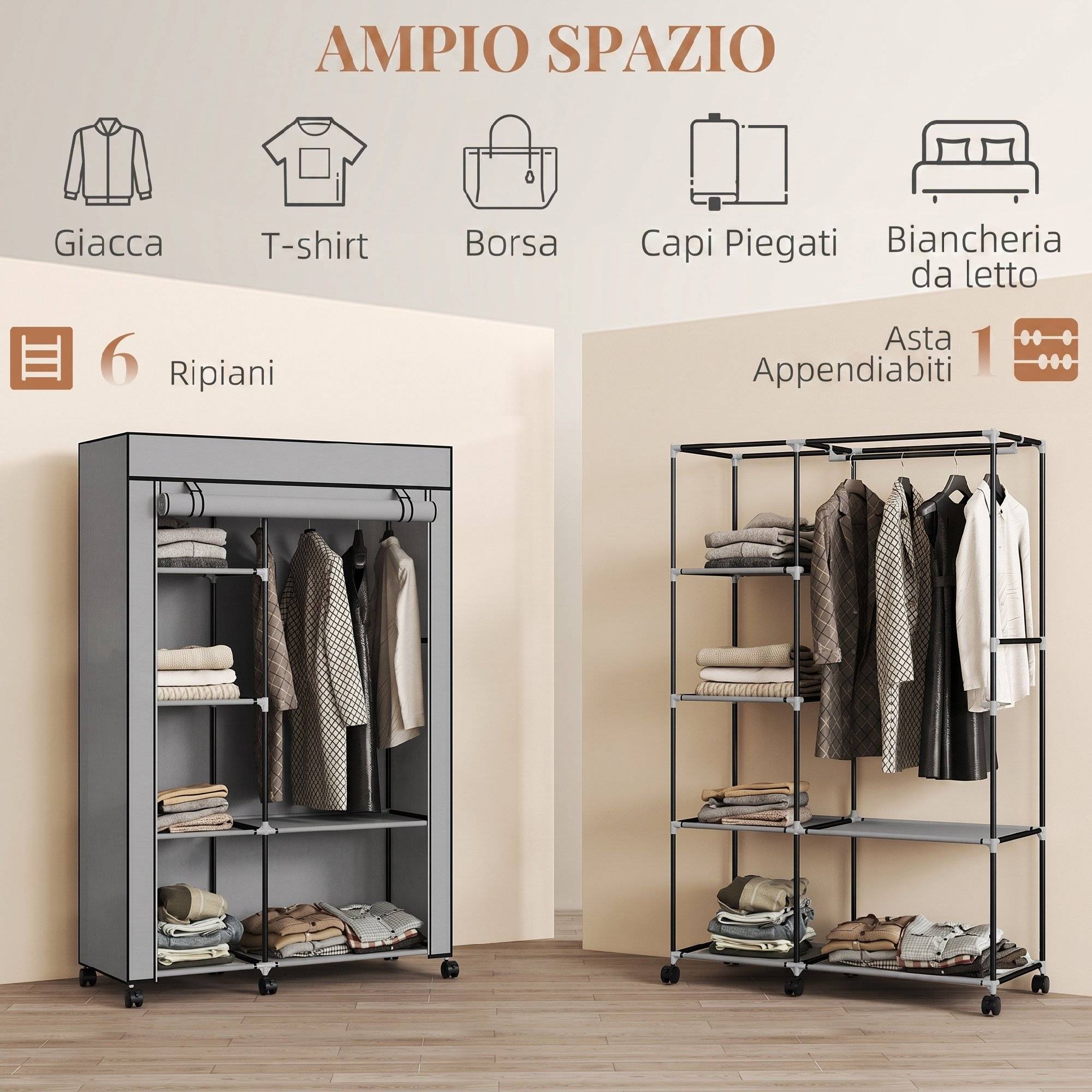 Sans Marque - Armoire portable en tissu non tissé et acier avec roulettes, 6 étagères ouvertes, penderie, gris clair - Image 6