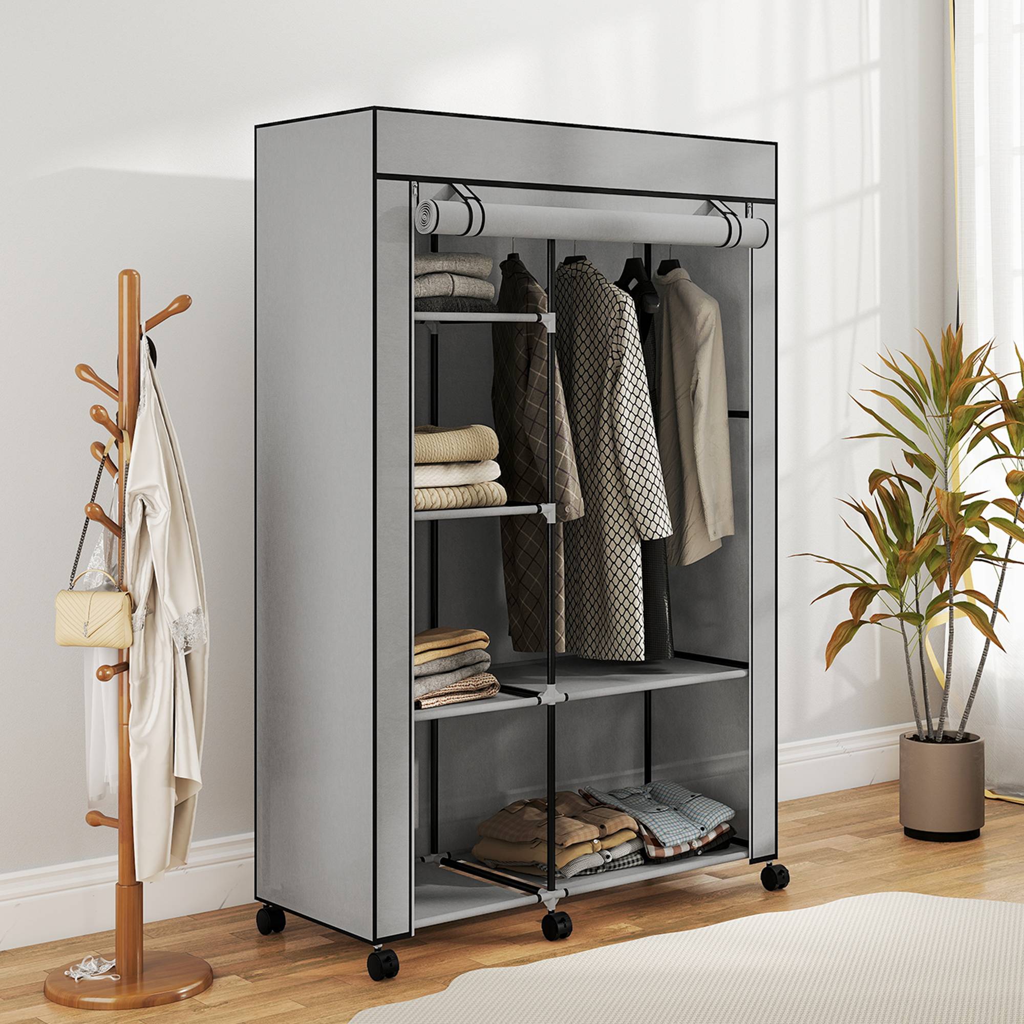 Sans Marque - Armoire portable en tissu non tissé et acier avec roulettes, 6 étagères ouvertes, penderie, gris clair - Image 10