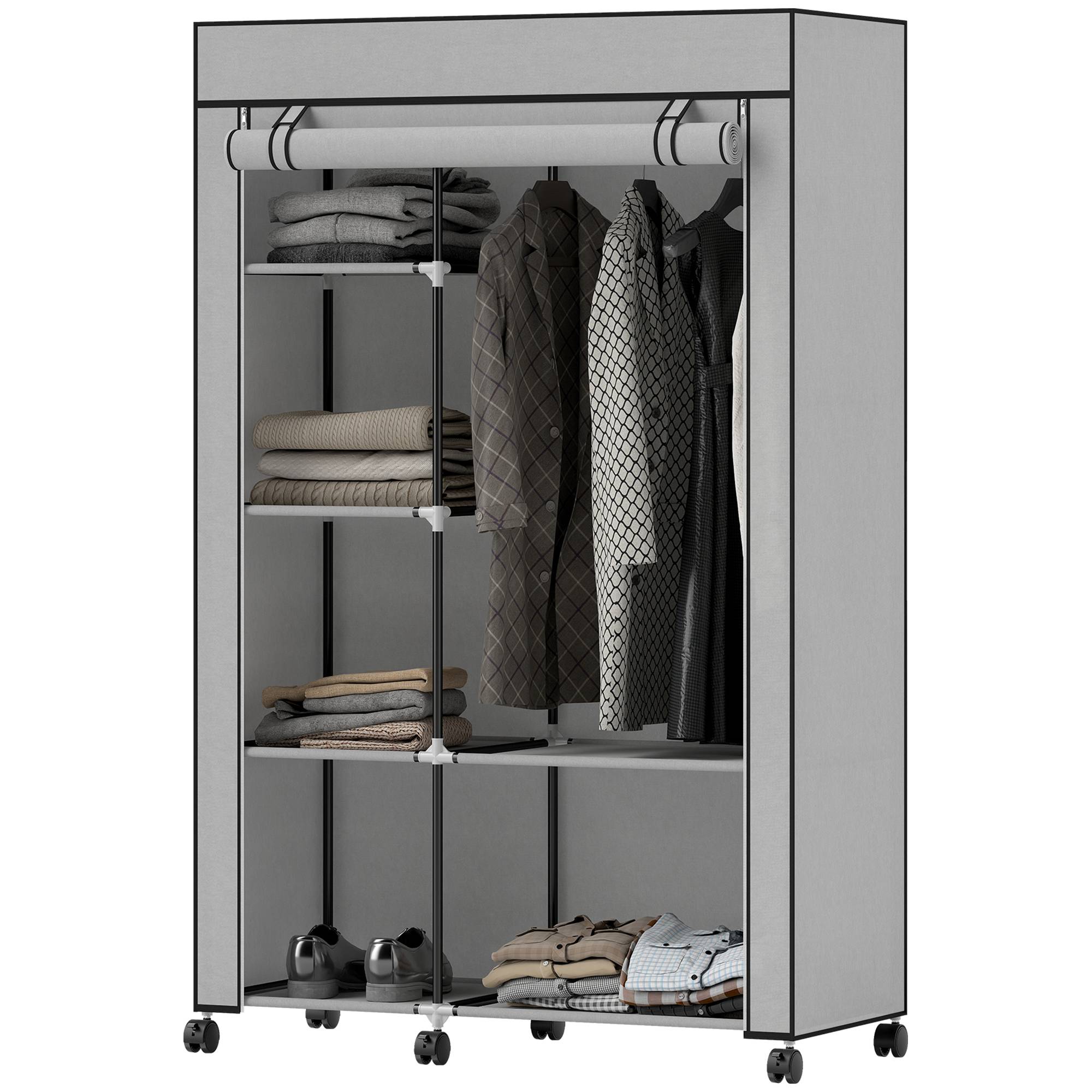 Sans Marque - Armoire portable en tissu non tissé et acier avec roulettes, 6 étagères ouvertes, penderie, gris clair - Image 2