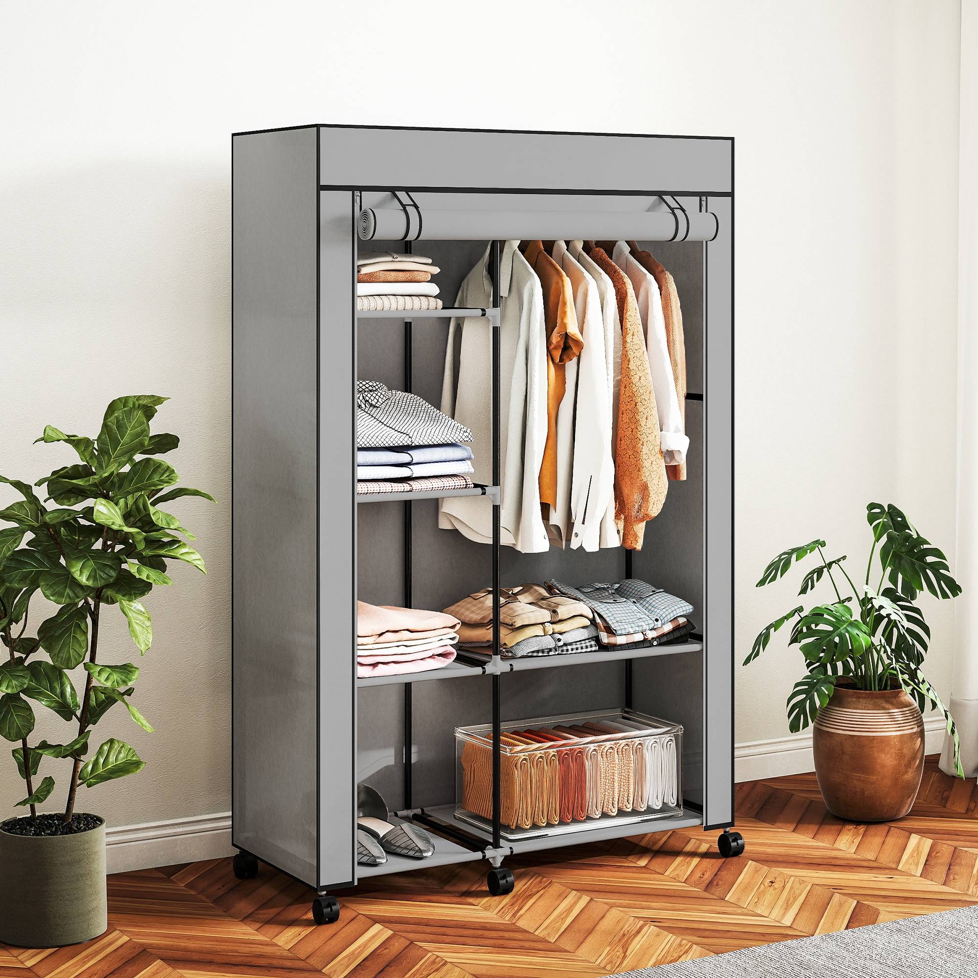 Sans Marque - Armoire portable en tissu non tissé et acier avec roulettes, 6 étagères ouvertes, penderie, gris clair - Image 3