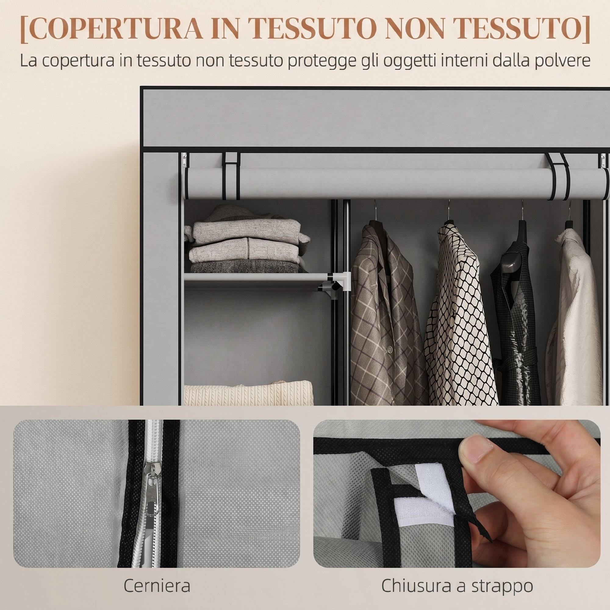 Sans Marque - Armoire portable en tissu non tissé et acier avec roulettes, 6 étagères ouvertes, penderie, gris clair - Image 7