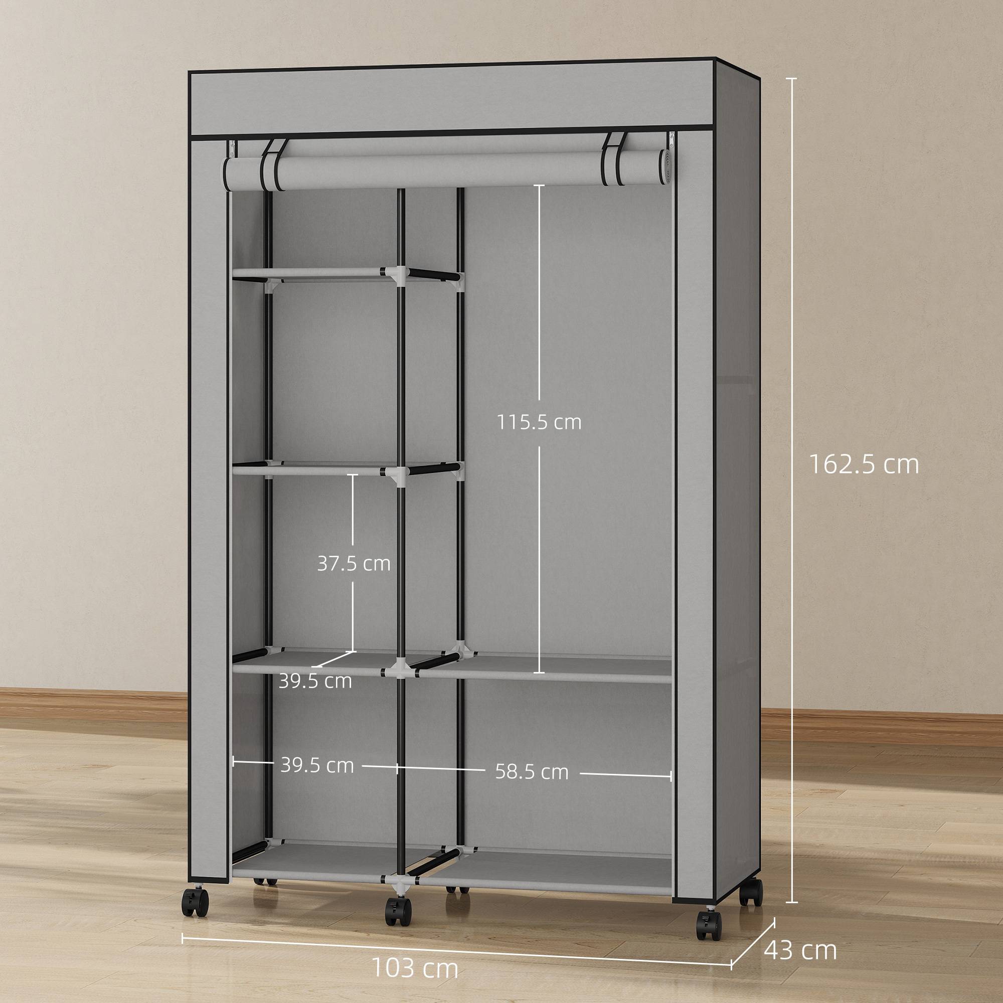 Sans Marque - Armoire portable en tissu non tissé et acier avec roulettes, 6 étagères ouvertes, penderie, gris clair - Image 5
