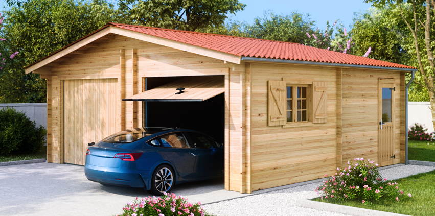 Habrita - Garage double Madriers bois massif double rainurage - 42 mm - 42,16 m2 - Porte de garage métallique avec bardage bois - Image 1