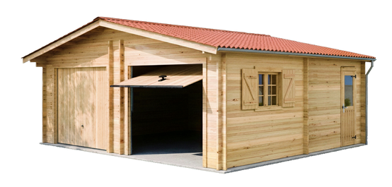 Habrita - Garage double Madriers bois massif double rainurage - 42 mm - 42,16 m2 - Porte de garage métallique avec bardage bois - Image 2