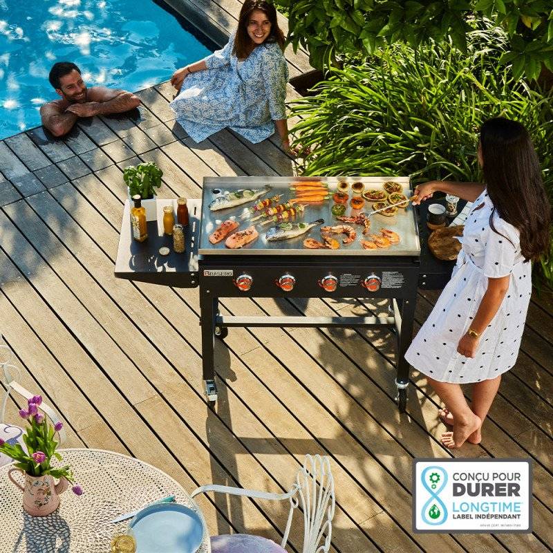 Brasero - Plancha gaz Carmen – BRASERO BY FAVEX – 4 brûleurs 16 kW – Plaque inox 90 x 45,5 cm – Jusqu'à 14 convives – Chariot mobile - Image 2