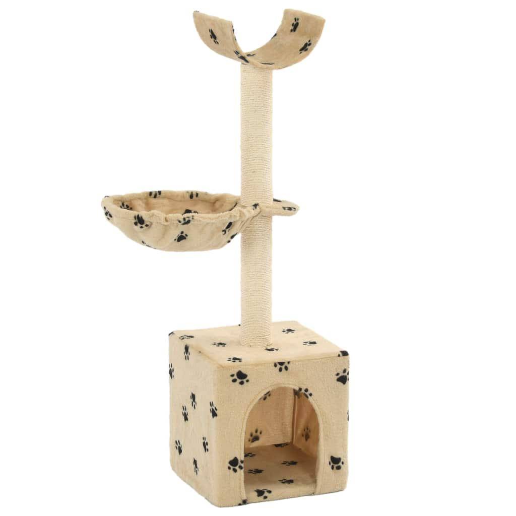 Arbre à chat griffoir grattoir niche jouet animaux peluché en sisal 105 cm beige motif de pattes - Image 1