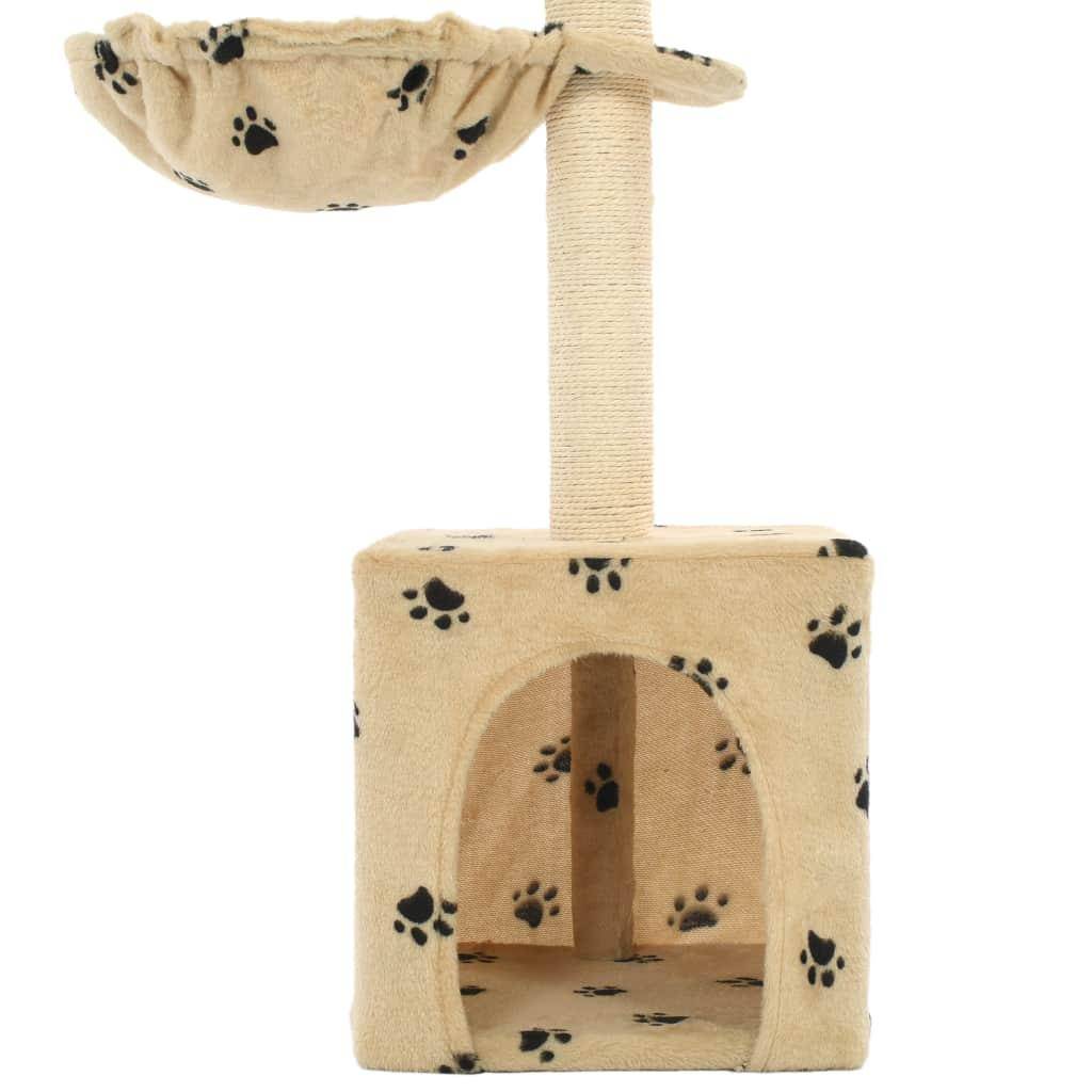 Arbre à chat griffoir grattoir niche jouet animaux peluché en sisal 105 cm beige motif de pattes - Image 5