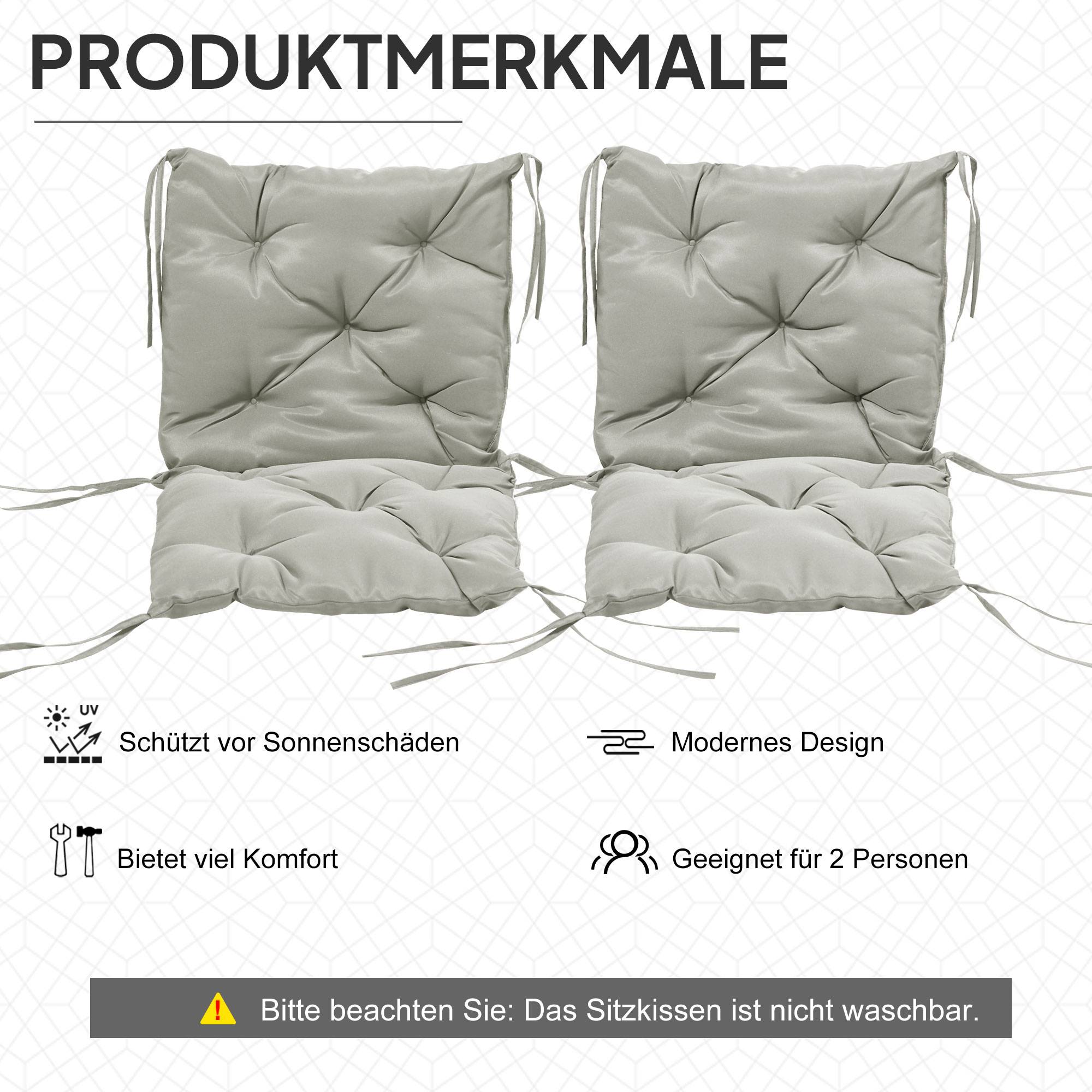 Lot de 2 coussins d'assise, 98 x 50 cm, avec attaches, revêtement en tissu, 8 cm d'épaisseur, gris clair - Image 7