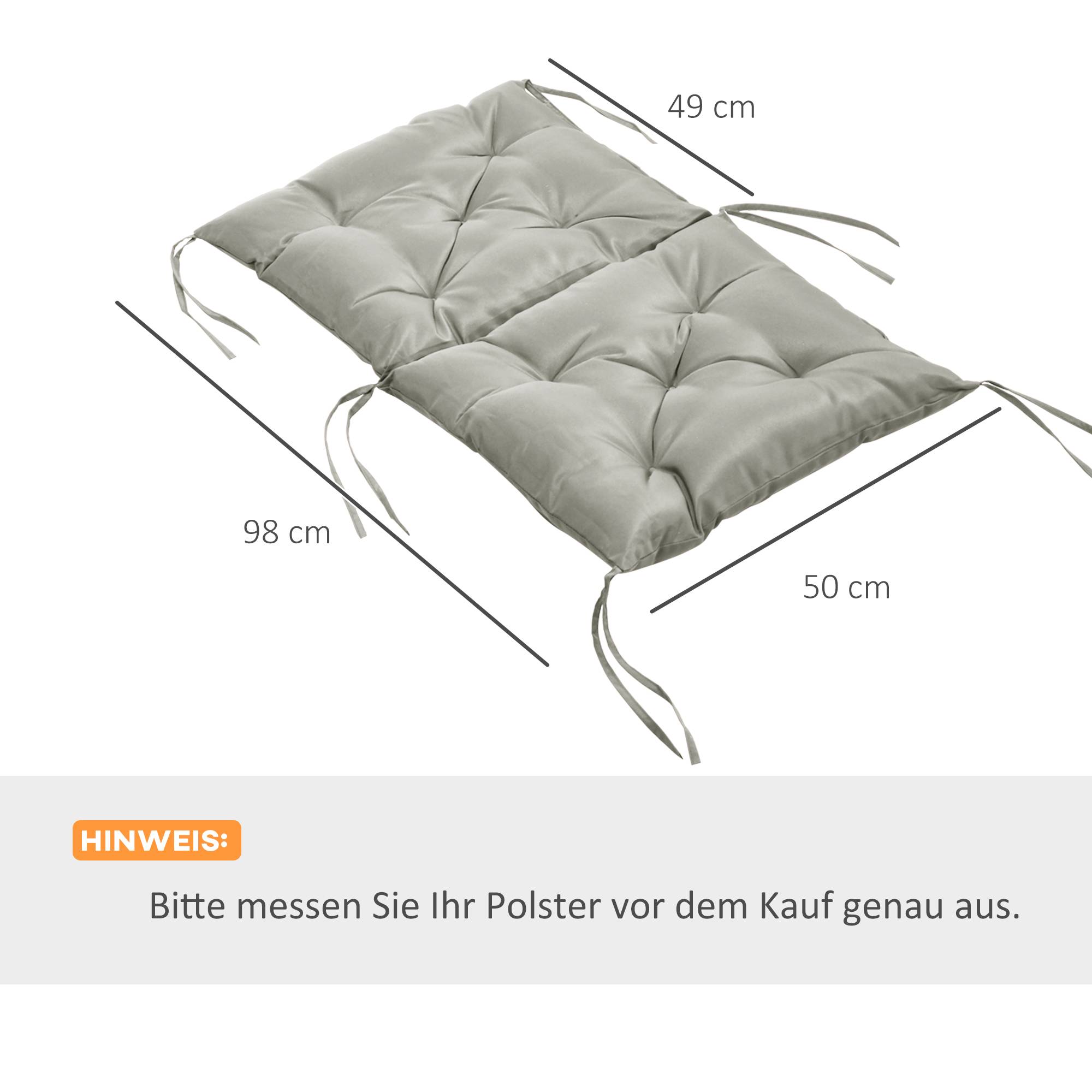 Lot de 2 coussins d'assise, 98 x 50 cm, avec attaches, revêtement en tissu, 8 cm d'épaisseur, gris clair - Image 5