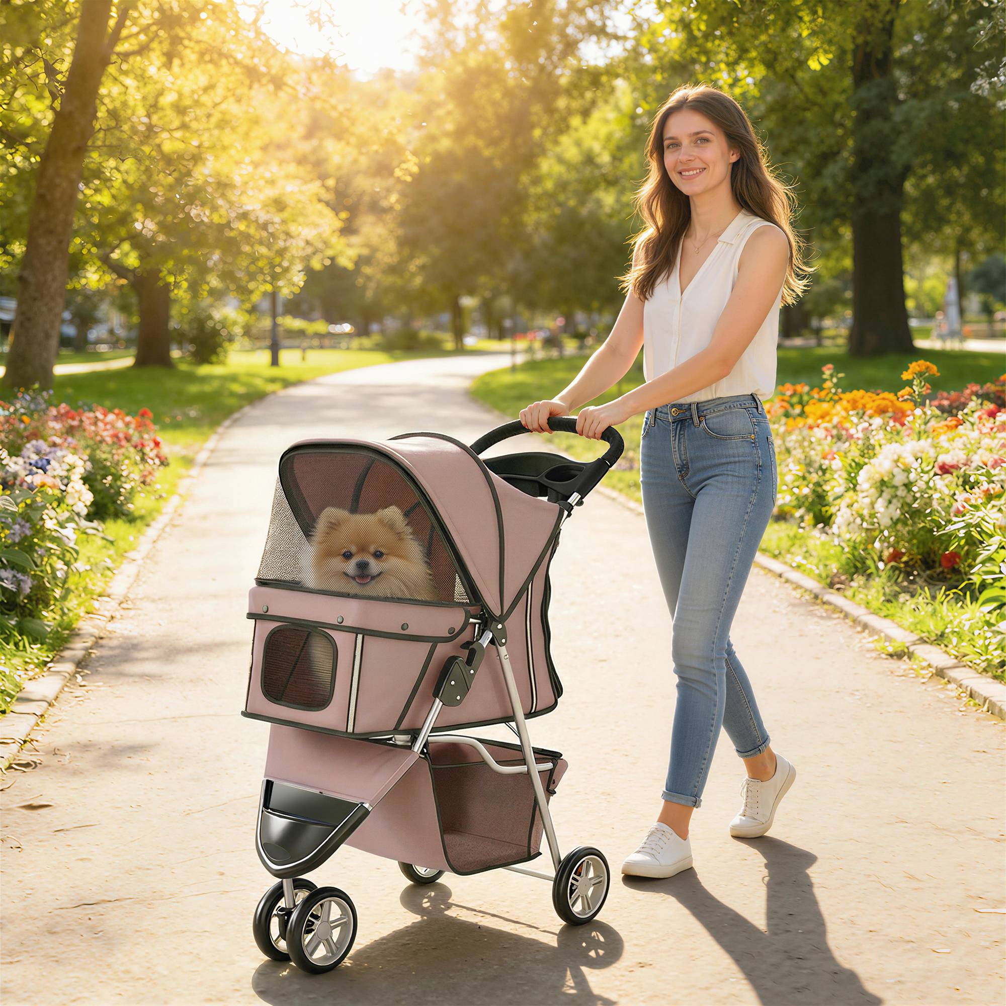 Poussette pour Chien 4 Roues, Chariot Pliable avec Auvent Réglable, Panier de Rangement, 77x44x102cm, Café - Image 4