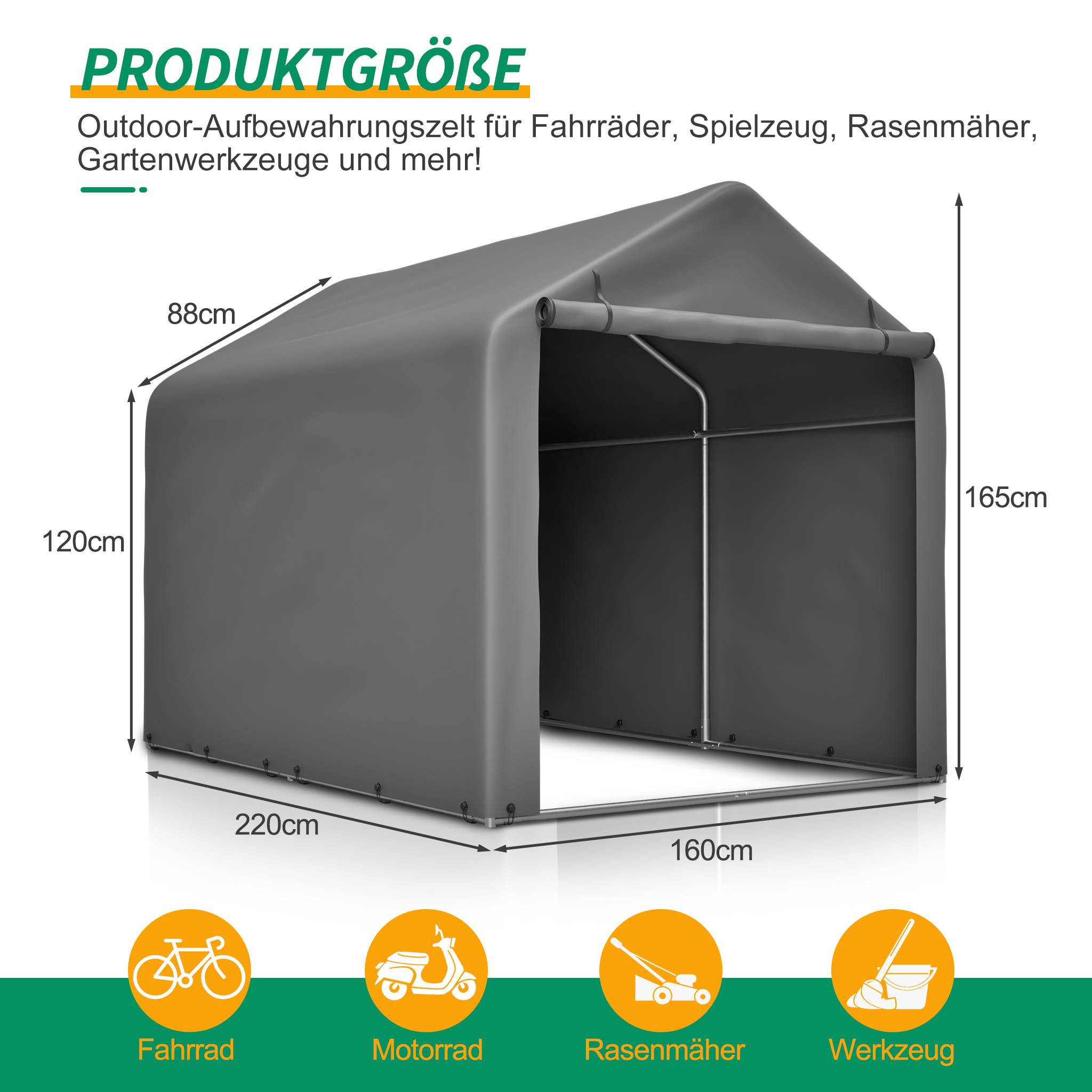 Tente abri vélo PE métal jardin extérieur protection intempéries gris 160x220x165cm - ComfortXL Outdoor Living - Image 3