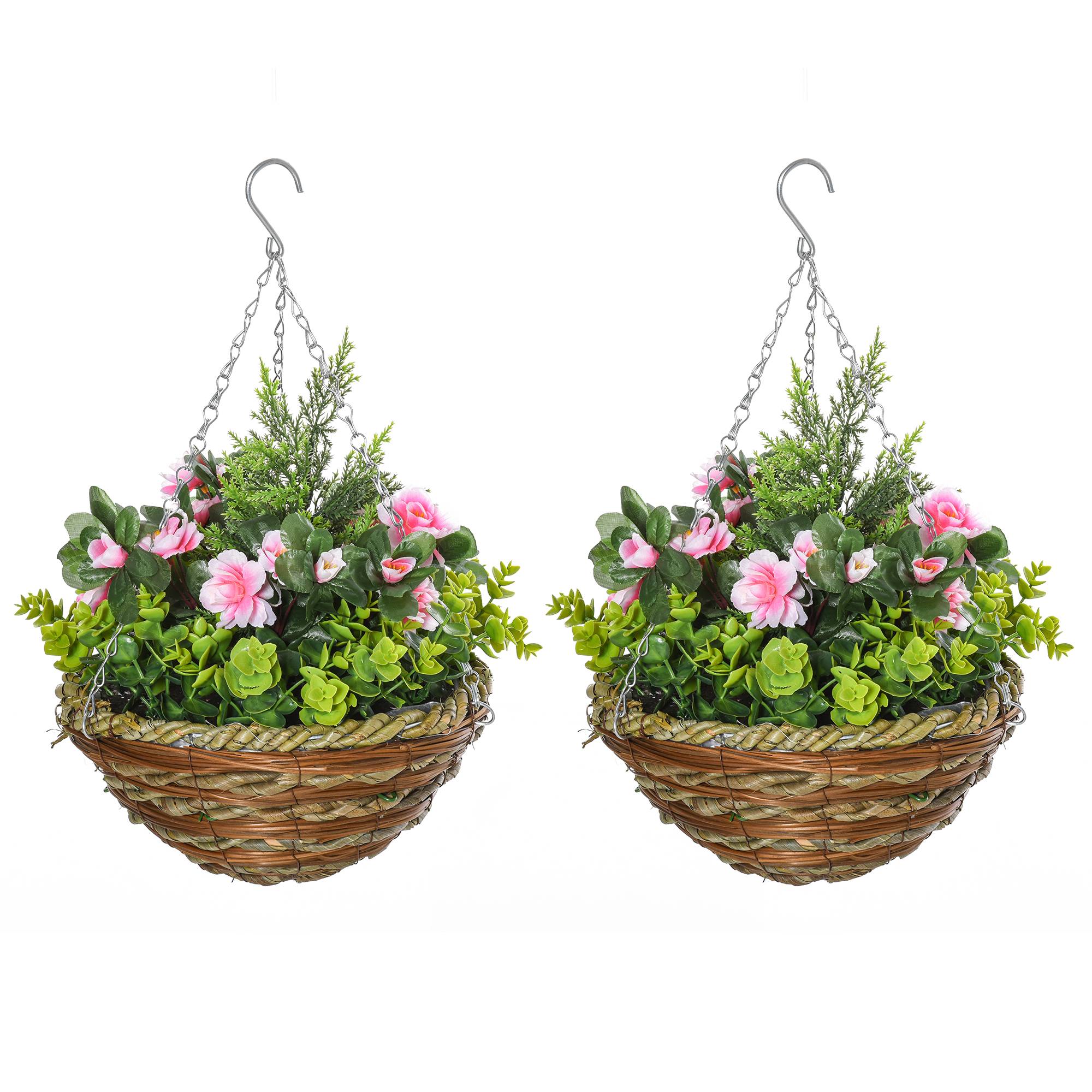 Sans Marque - Lot de 2 lisianthus artificiels avec pot et crochet, plantes artificielles en PE et osier, Ø 25 x 34 cm, vert et rose - Image 1
