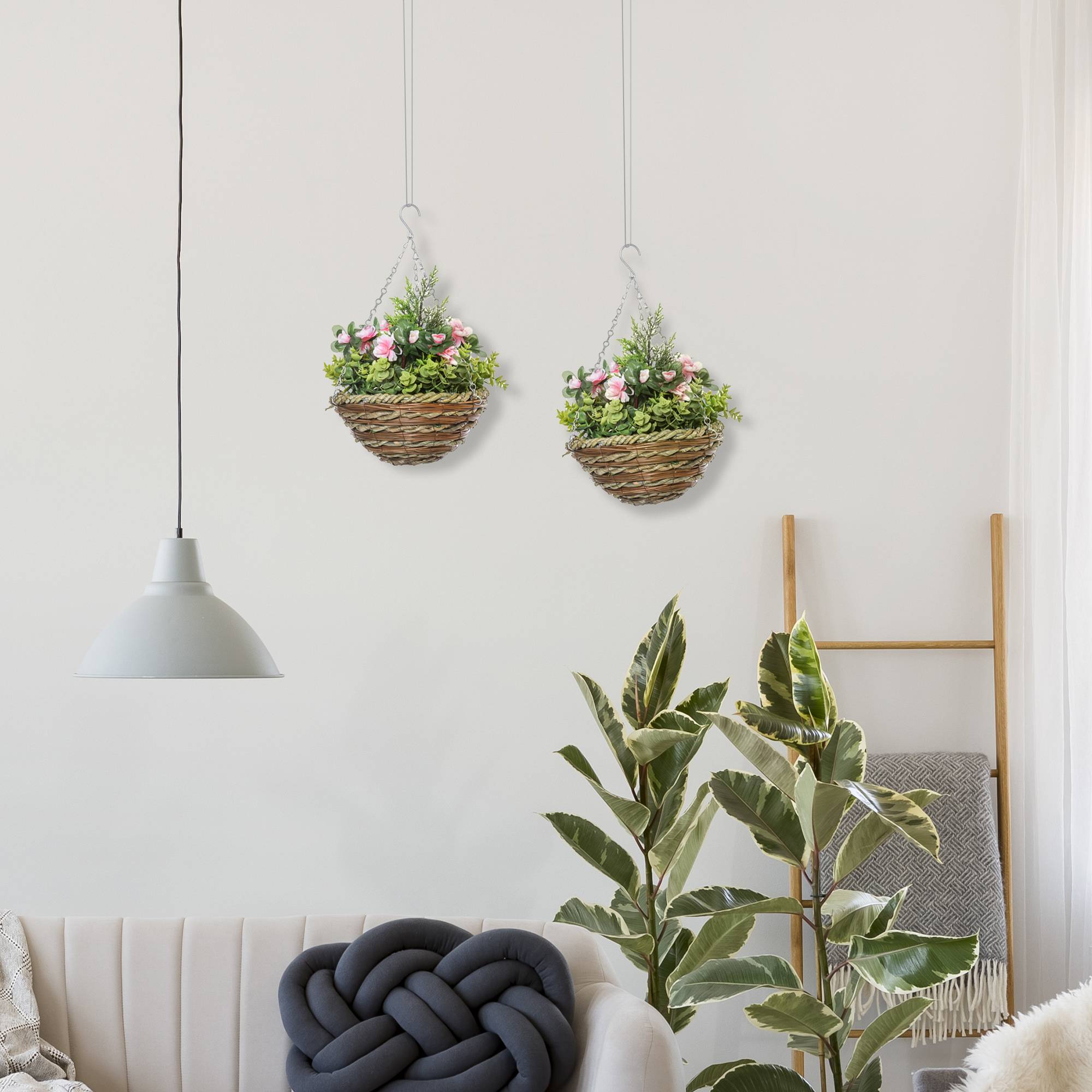 Sans Marque - Lot de 2 lisianthus artificiels avec pot et crochet, plantes artificielles en PE et osier, Ø 25 x 34 cm, vert et rose - Image 3