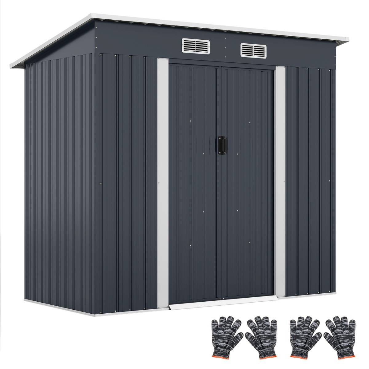 Abri de Jardin Extérieur pour Équipement avec Toit Incliné Porte Coulissante Aérations Métal Gris - Image 1