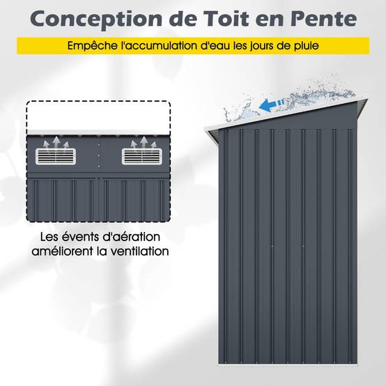 Abri de Jardin Extérieur pour Équipement avec Toit Incliné Porte Coulissante Aérations Métal Gris - Image 7