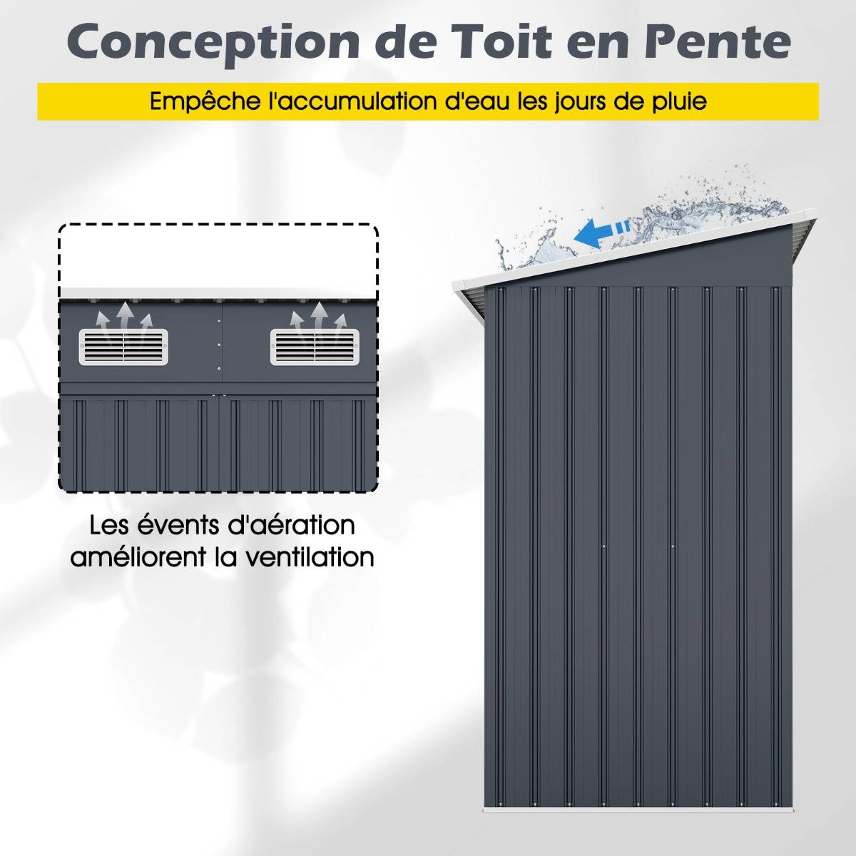 Abri de Jardin Extérieur pour Équipement avec Toit Incliné Porte Coulissante Aérations Métal Gris - Image 7