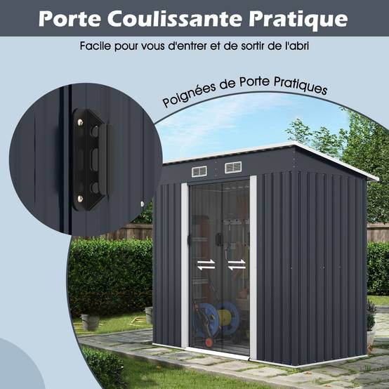 Abri de Jardin Extérieur pour Équipement avec Toit Incliné Porte Coulissante Aérations Métal Gris - Image 5