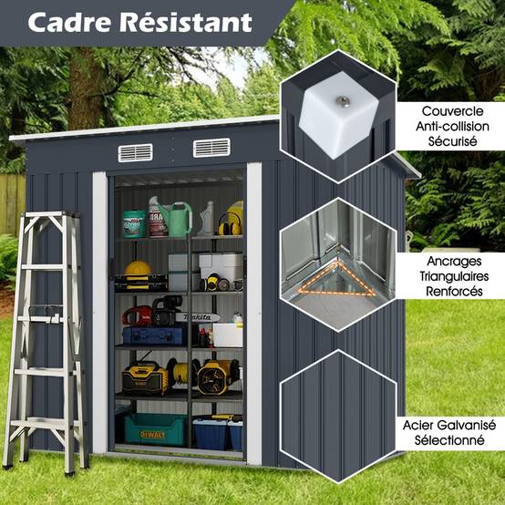Abri de Jardin Extérieur pour Équipement avec Toit Incliné Porte Coulissante Aérations Métal Gris - Image 4