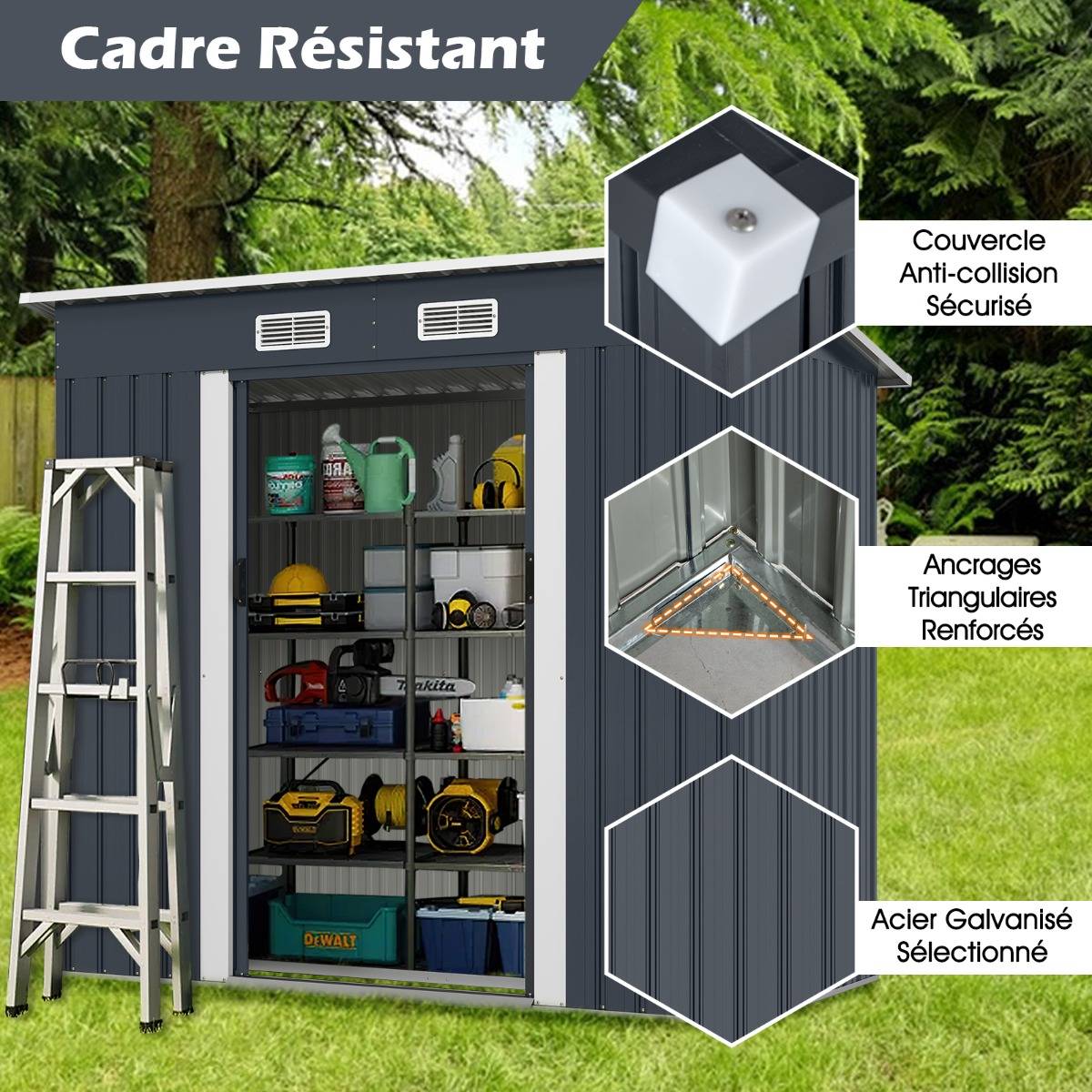 Abri de Jardin Extérieur pour Équipement avec Toit Incliné Porte Coulissante Aérations Métal Gris - Image 4