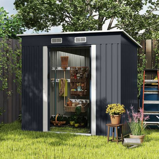 Abri de Jardin Extérieur pour Équipement avec Toit Incliné Porte Coulissante Aérations Métal Gris - Image 3