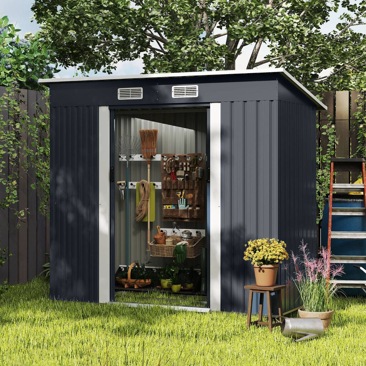 Abri de Jardin Extérieur pour Équipement avec Toit Incliné Porte Coulissante Aérations Métal Gris - Image 3