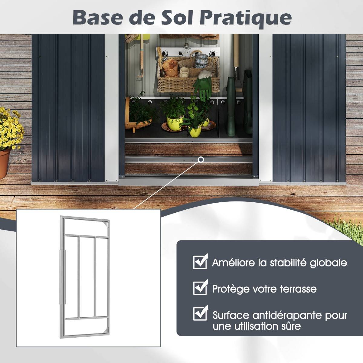 Abri de Jardin Extérieur pour Équipement avec Toit Incliné Porte Coulissante Aérations Métal Gris - Image 6