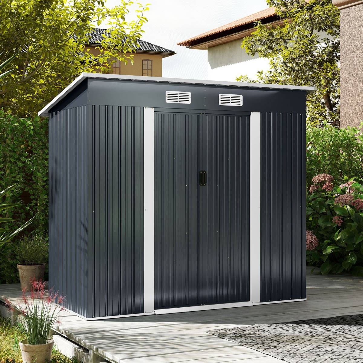 Abri de Jardin Extérieur pour Équipement avec Toit Incliné Porte Coulissante Aérations Métal Gris - Image 2