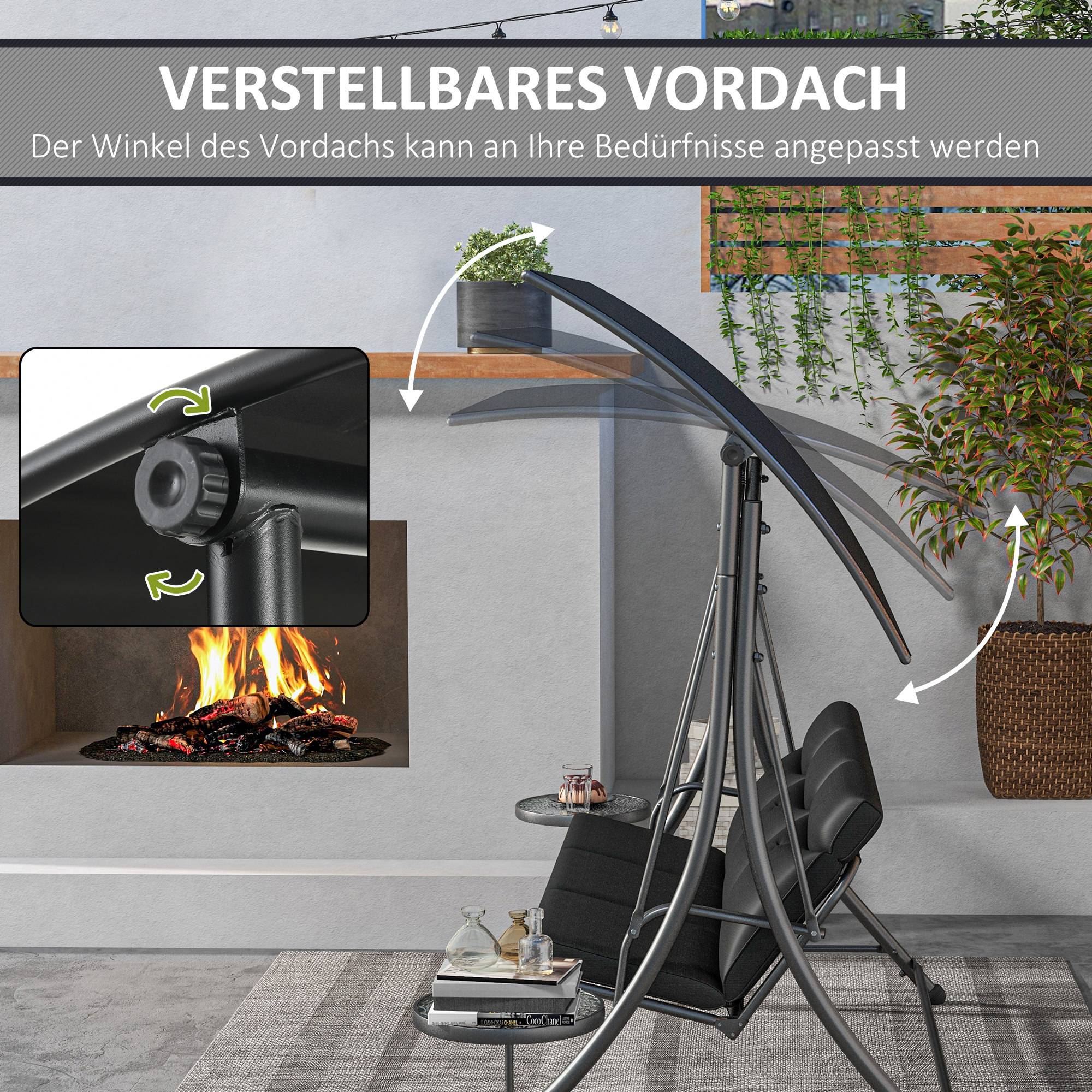Balancelle Hollywood 3 places avec table basse et pare-soleil réglable, pour jardin et terrasse, noire - Image 4