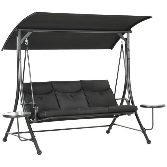 Balancelle Hollywood 3 places avec table basse et pare-soleil réglable, pour jardin et terrasse, noire - Image 1