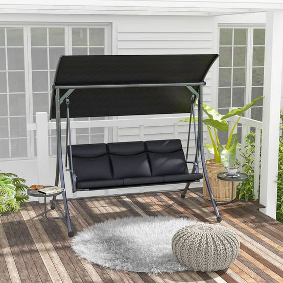 Balancelle Hollywood 3 places avec table basse et pare-soleil réglable, pour jardin et terrasse, noire - Image 2