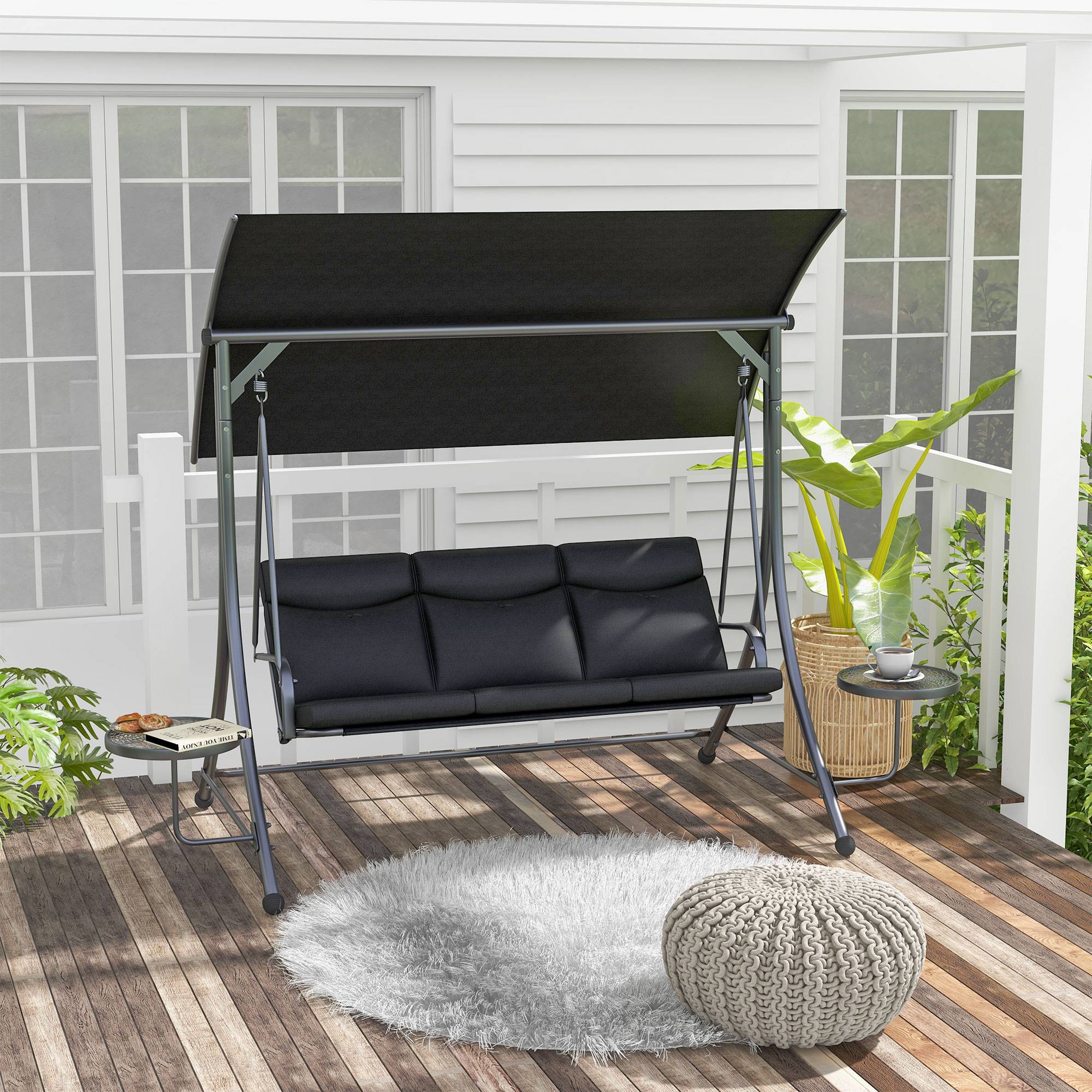 Balancelle Hollywood 3 places avec table basse et pare-soleil réglable, pour jardin et terrasse, noire - Image 2