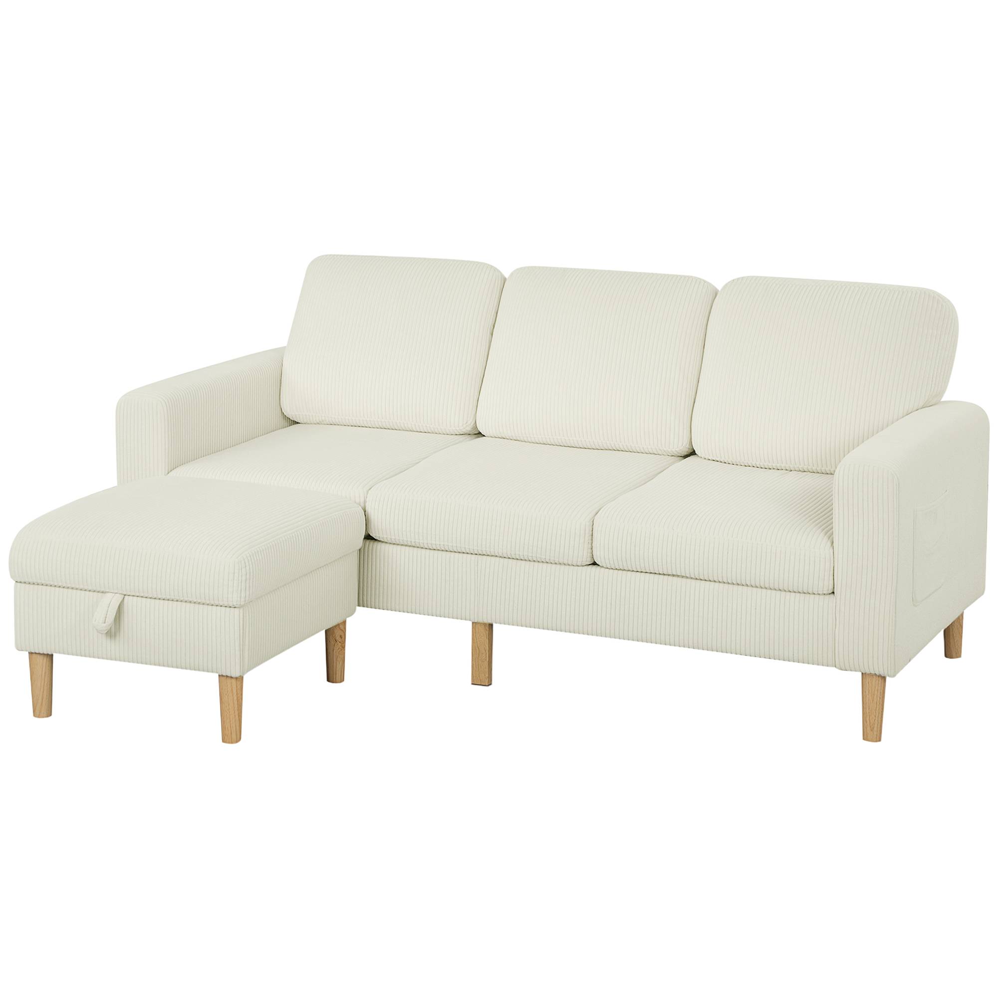 Canapé 3 places avec repose-pieds, canapé en velours côtelé, assise et dossier rembourrés, 192x138x85cm, beige - Image 2