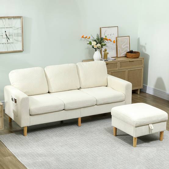 Canapé 3 places avec repose-pieds, canapé en velours côtelé, assise et dossier rembourrés, 192x138x85cm, beige - Image 4