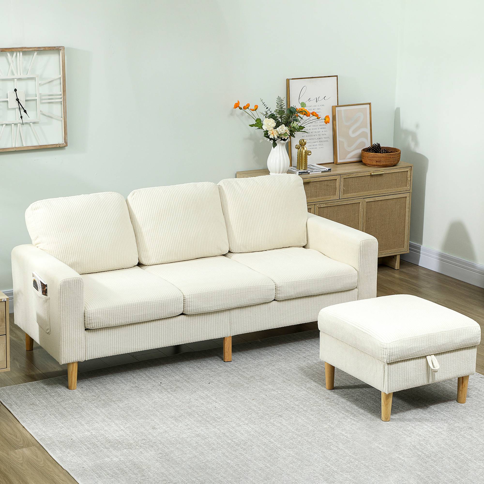 Canapé 3 places avec repose-pieds, canapé en velours côtelé, assise et dossier rembourrés, 192x138x85cm, beige - Image 4