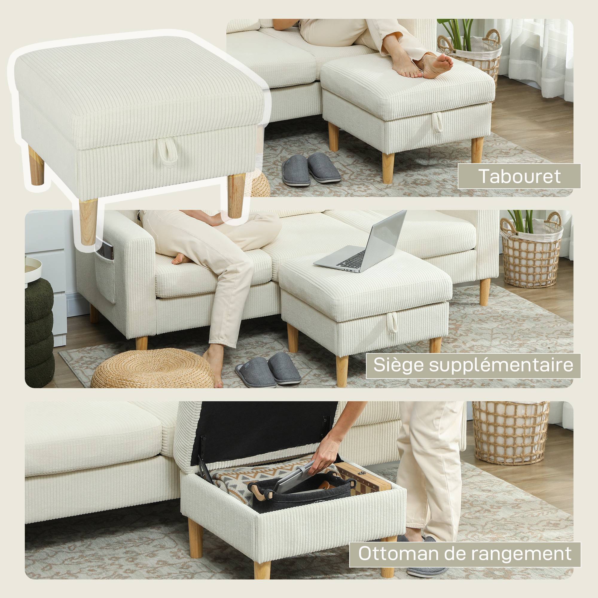 Canapé 3 places avec repose-pieds, canapé en velours côtelé, assise et dossier rembourrés, 192x138x85cm, beige - Image 6