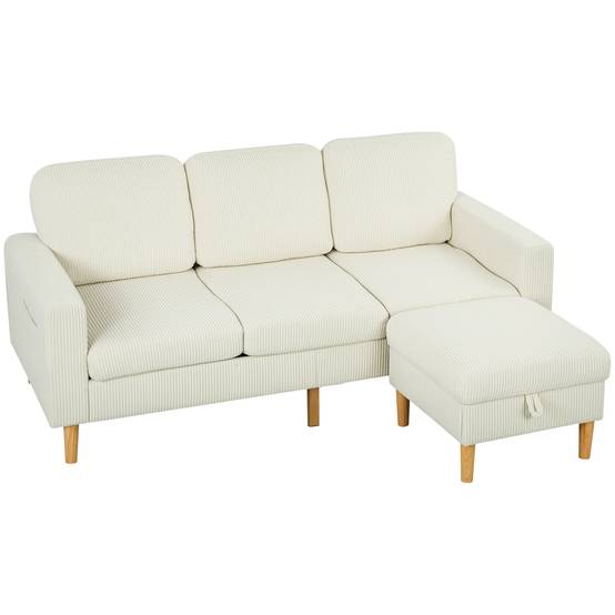 Canapé 3 places avec repose-pieds, canapé en velours côtelé, assise et dossier rembourrés, 192x138x85cm, beige - Image 1