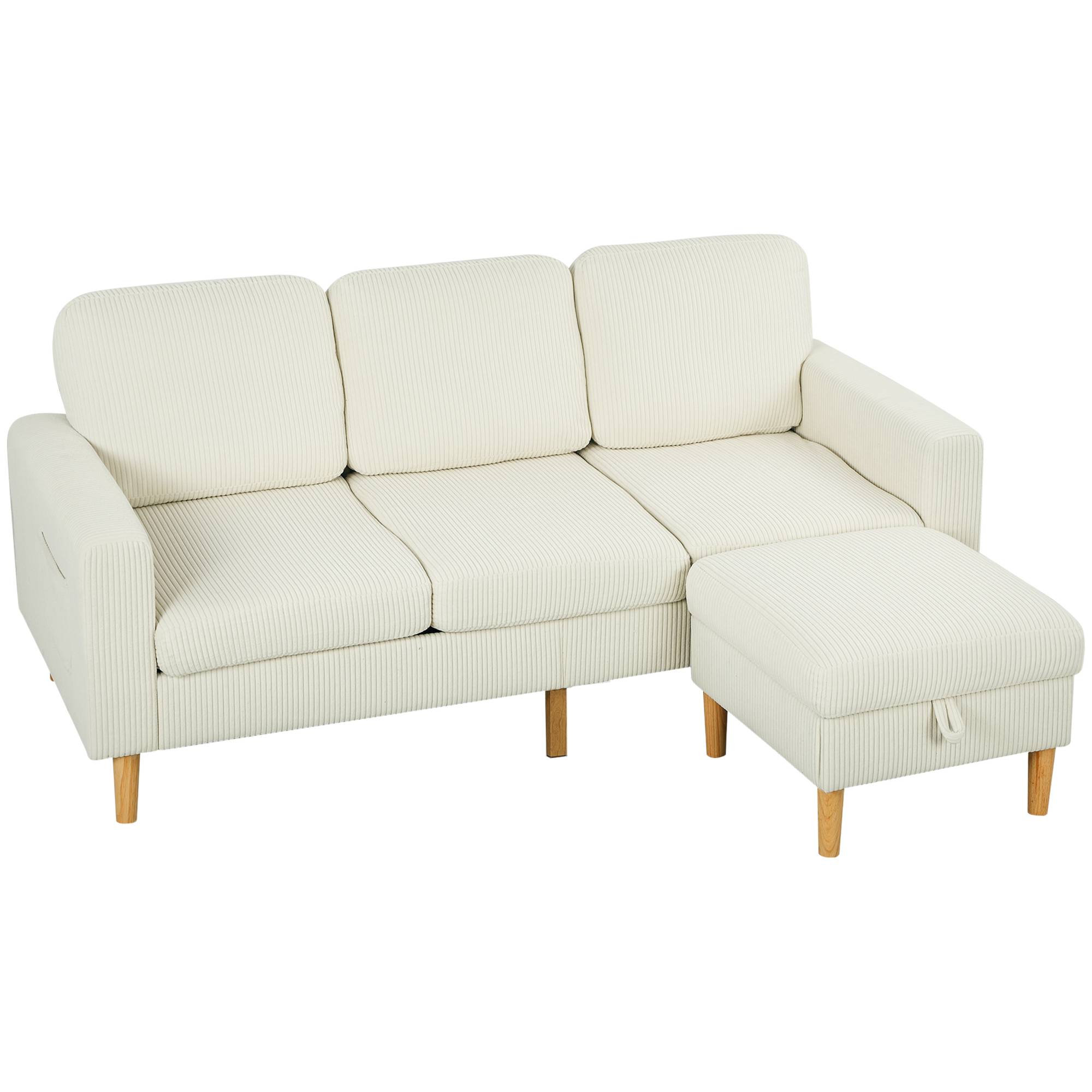 Canapé 3 places avec repose-pieds, canapé en velours côtelé, assise et dossier rembourrés, 192x138x85cm, beige - Image 1